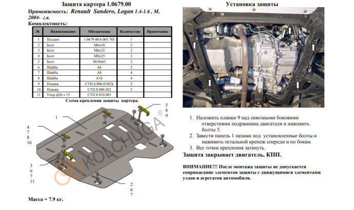 Захист двигуна для автомобіля Dacia Sandero 2008-2012 V-1,4; 1,6